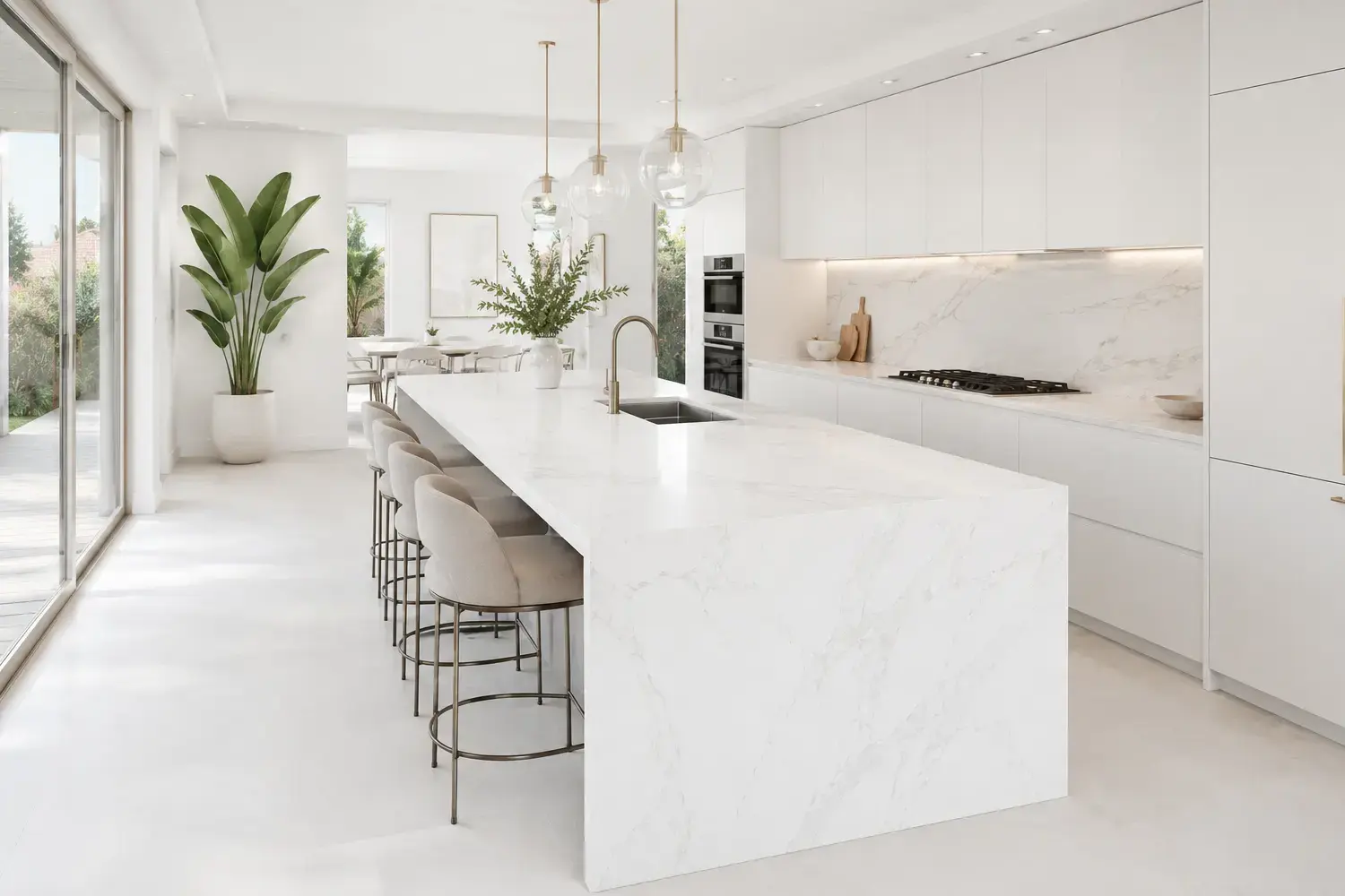 Bright and spacious modern white kitchen featuring a large waterfall porcelain island with subtle gray veining, sleek handleless cabinetry, floor-to-ceiling windows.